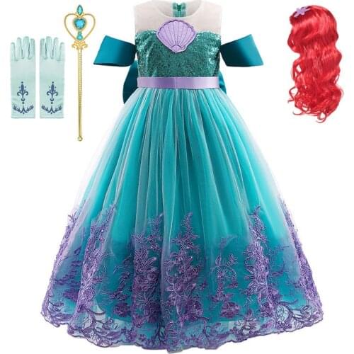 Girls Little Mermaid Ariel Princess Dress Cosplay Costume Kids for Girl Fancy Green Dress Child Carnival Birthday Party Clothing