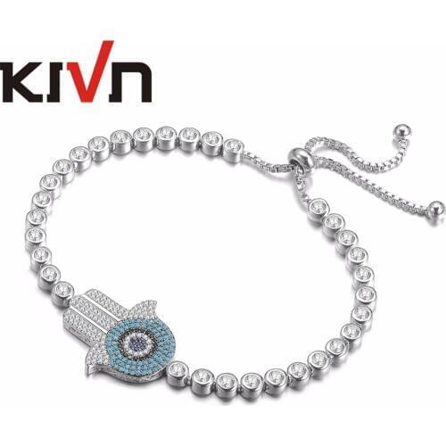 KIVN Fashion Jewelry Adjustable Hamsa Hand Blue eye CZ Cubic Zirconia Womens Girls Wedding Bridal Bracelets 10pcs Lot Wholesale