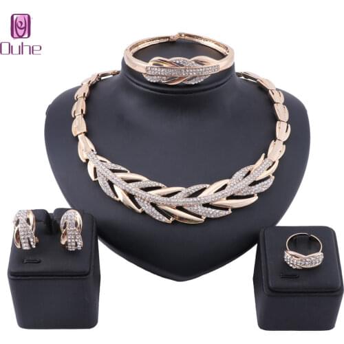 Women Dubai African Jewelry Sets Crystal Gold Necklace Earring Bangle Ring Nigerian Wedding Jewellery Set