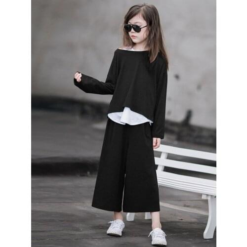 Baby Girls Long-Sleeved Suit Children Spring Clothes Student Three-Piece Suit 3PS Clothes Set Casual Shirt Wide Leg Pants Set