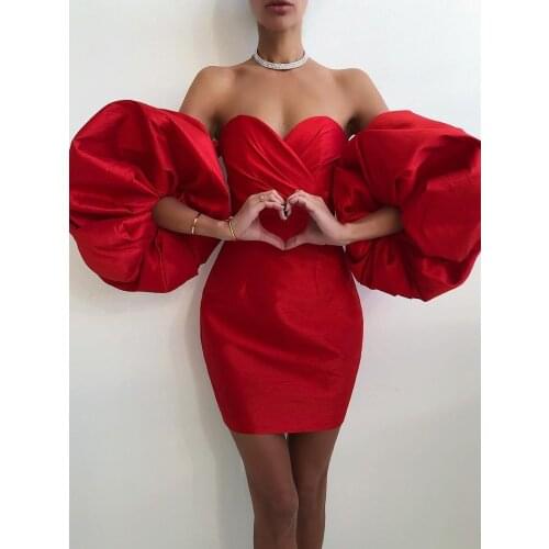 Red Cocktail Dresses Lantern Sleeves V Neck Off Shoulder Skinny Wedding Party Dresses Short Wedding Cocktail Dress Night Dress