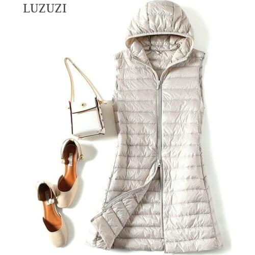 LUZUZI Autumn winter new lightweight slim down jacket female hooded down vest womens mid-length vest coat parkas plus size 4XL