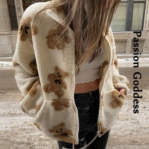 Cute Women Bear Print Lambswool Jacket Fluffy Fuzzy Oversized Coats Outwear Harajuku Streetwear Zipper Warm Teddy Pockets Jacket
