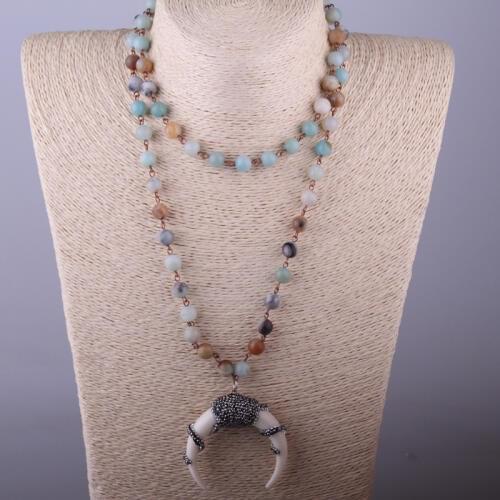 MOODPC Fashion Bohemian Tribal Artisan Jewelry Rosary Chain Amazonite Stones Ox Horn Moon Necklace For Women