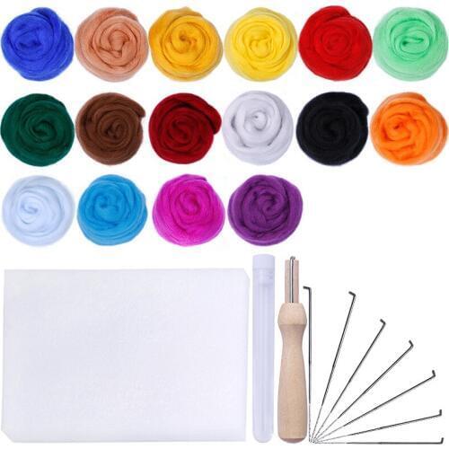 16 Colors Wool Felt Roving Wool Felting Tool Kit Fiber Material with Felt Needle Set Weaving Needlework Spinning Craft Kits
