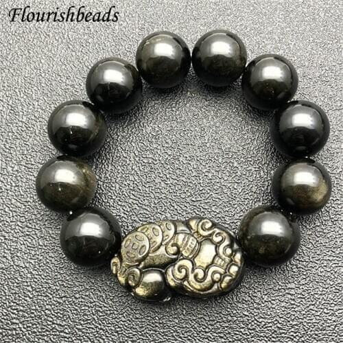 Natural Gold Obsidian Carved Pixiu Charms Nugget Gemstone Round Beads Bracelet Fine Jewerly Best Birthday Gift 6mm 8mm 10mm 12mm