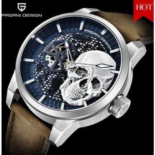 PAGANI DESIGN Pirate Skull Style Men Watch Leather Luminous Mechanical Watches Military Wateproof Skeleton Wristwatch For Man