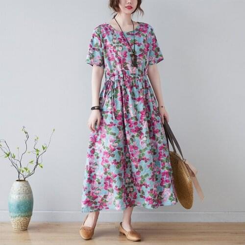 Cotton Linen Printed Women Dresses Summer New 2021 Oversized Loose O-Neck Short-Sleeved Slim Knee-Length Female Clothing