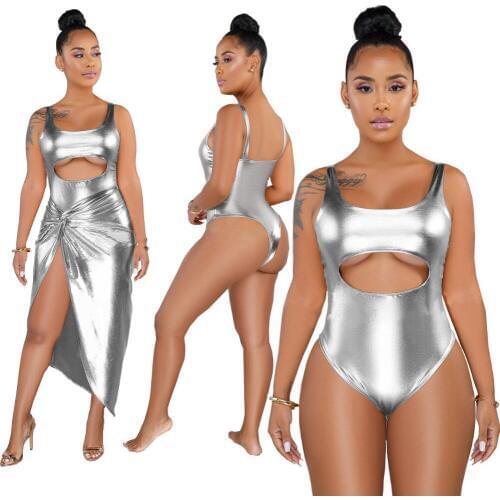 Silver summer clothes for women Suits two piece set Sexy Sleeveless Bodysuits Body split Skirt sets Club Party