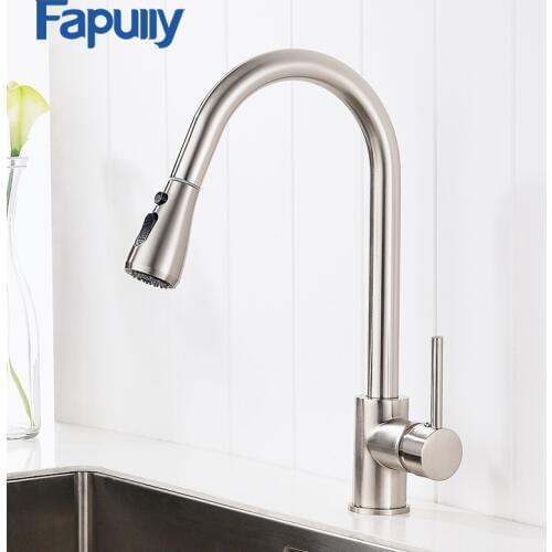 Fapully Pull Out Kitchen Faucet Spray Head Brass Faucet Brushed Mixer Cold and Hot Single Handle Faucets Tap torneira 502-33N