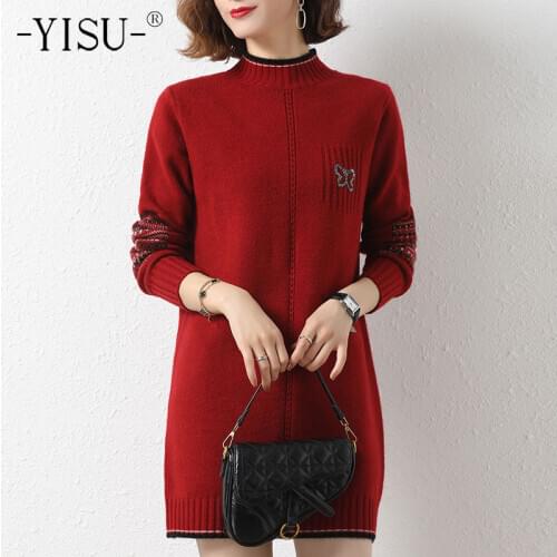 YISU 2020 Winter Women Sweater Solid color Half turtleneck Loose Casual Long section Jumper Knitted pullover Warm Winter top