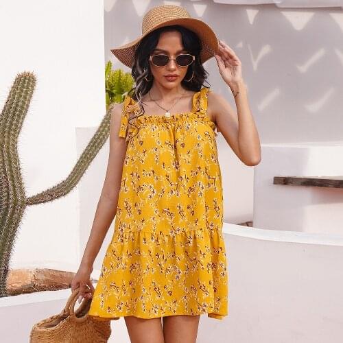 Ladies Boho Short Print Summer Dress Women Ruffles Sexy Spaghetti Strap Backless Mini Beach Dress Women Sundress Female Vestidos
