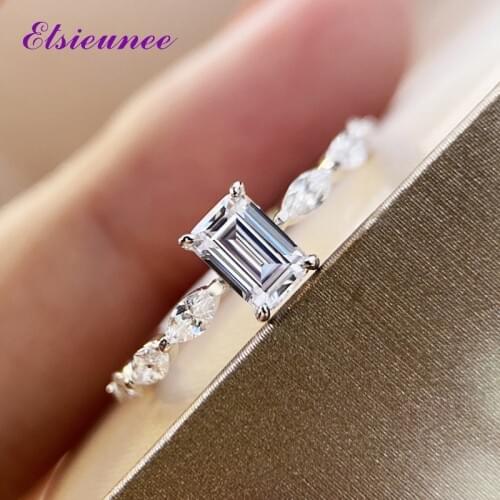 ELSIEUNEE 100% 925 Sterling Emerald Cut Simulated Moissanite Diamond Wedding Ring Fashion Fine Jewelry Gift For Women Wholesale