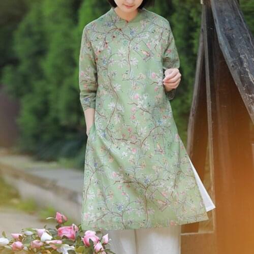 Johnature Women Ramie Vintage Dresses V-Neck Button Print Floral Half Sleeve Dress 2021 Summer New Chinese Style Loose Dress