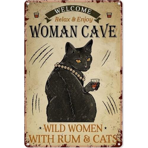 Cat Tin Sign Black Cat Drinking Wine- Welcome Relax and Enjoy Cats Poster Animal Wall Art Gift for Home Bedroom Bar 12x8 inch