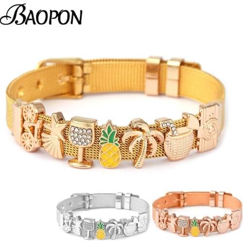 2021 Trend 10mm Stainless Steel Mesh Bracelet With Coconut Tree Pineapple Charm Slide Beads Bracelets For Women Men Jewelry Gift