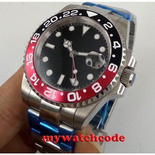 40mm parnis black sterile dial GMT sapphire glass date automatic mens watch P443