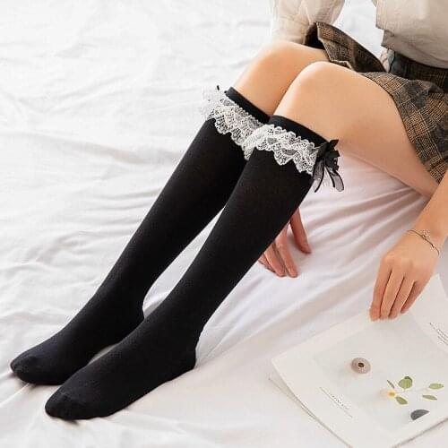 White Black Socks Autumn And Winter New Lolita Lace Princess Middle Tube Socks Women Bow Lace Calf Socks