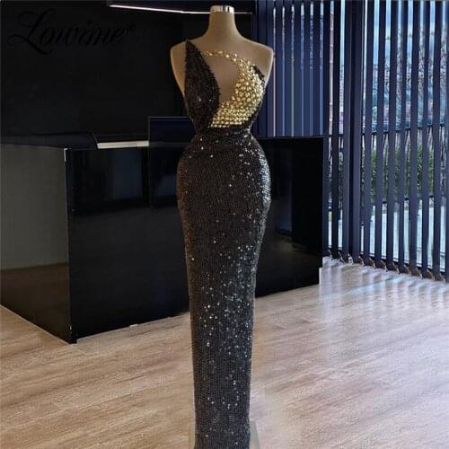 Black Party Dresses Sequins With Gold Beaded Illusion Women Evening Dress Arabic African Red Carpet Runaway Dresses Robes