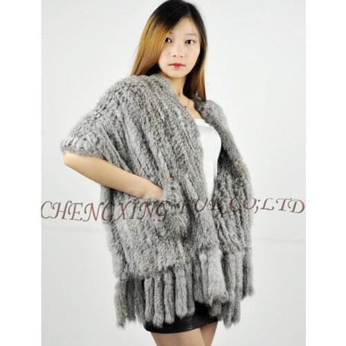CX-B-28 Latest Elegant Hand Knitted Ladies Genuine Rabbit Fur Stole Shawl With Pokets Finged