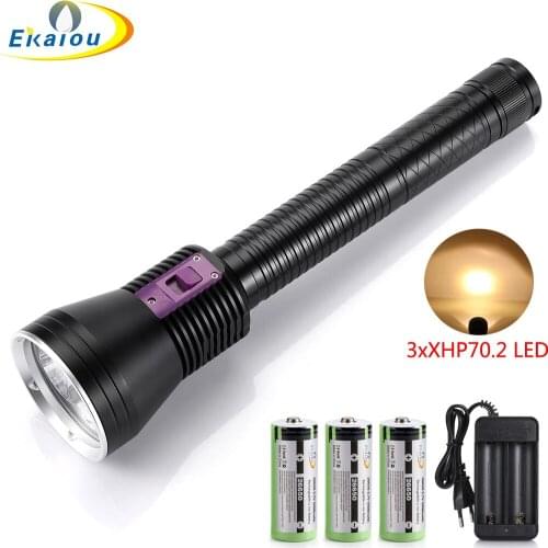 Dive Torch 3xXHP70.2 Yellow Light LED Super Bright Underwater Waterproof 100 Meters Diving Fish Ligh With 26650 Battery Charger