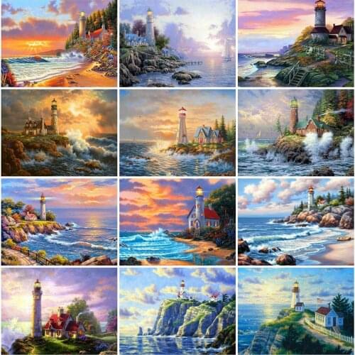HUACAN 5D DIY Diamond Embroidery Landscape Lighthouse Diamond Painting Full Square Mosaic Picture Of Rhinestone Home Decor Gift