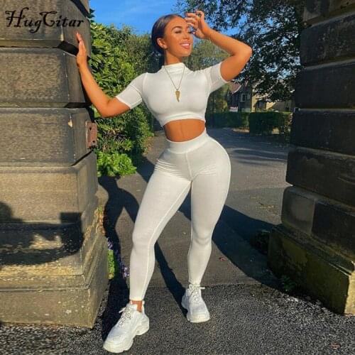 Hugcitar 2021 Short Sleeve Solid Skinny Bodycon Tshirt Leggings 2 Piece Matching Sets Spring Summer Women Streetwear Lounge Wear
