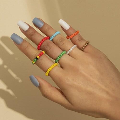 8Pcs/set Bohemia Handmade Woven Beaded Ring Set Elastic Rope Rainbow Beads Rings for Women Boho Summer Beach Friendship Gifts