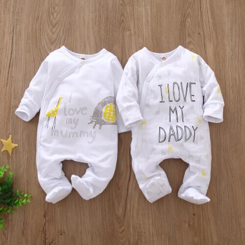 Newborn Baby Boy Girl Romper Long Sleeve Cotton Letter I Love Daddy & Mummy Animal Print Jumpsuit Infant Pajama Outfits