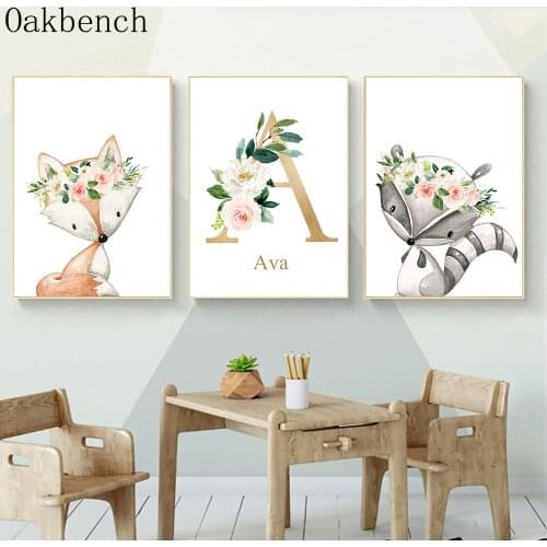Personalized Custom Name Poster Nursery Wall Art Print Fox Deer Animal Canvas Painting Nordic Wall Pictures For Baby Room Decor