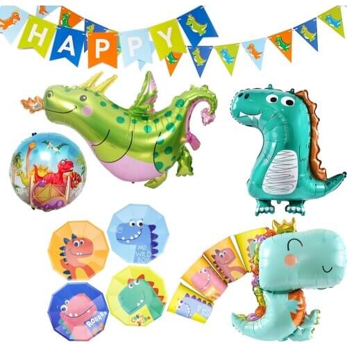 Dinosaur Disposable Tableware Set Paperplates Tablecloth Cake Topper Baby Shower Birthday Party Decor Supplies Dinosaur Ballons