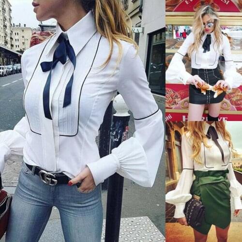 OL Women Lantern Sleeve Casual Bow Tie Blouse Sexy Ladies Solid Loose Tops Button Down Shirts