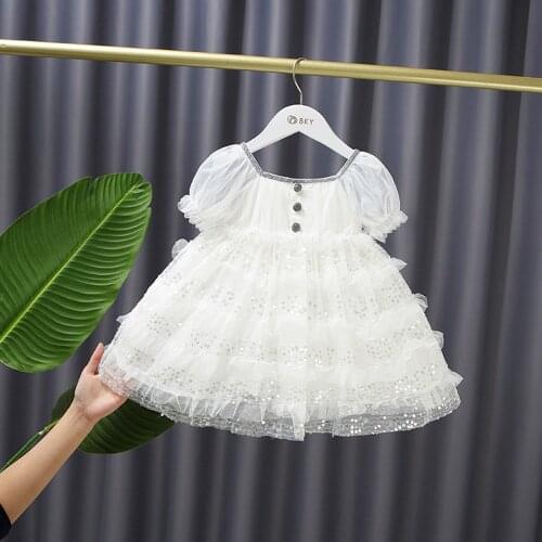 Summer Girls Kids Lolita Princess Dress Short Sleeve Children Baby Infants Sequined Cake Birthday Party Dresses Vestidos S12606