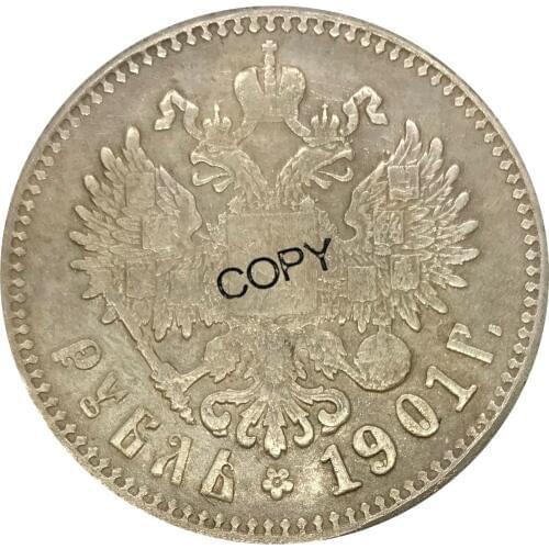 Russia Empire 1 One Ruble Nikolai II 1901 Brass Plated Silver Copy Coin Commemorative COINS Lettered Edge