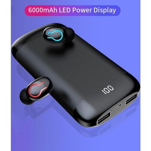 Q66 TWS Bluetooth Earphone HD Stereo Wireless Headphone Sport Headset with Dual Mic 6000mAh Battery Charge Case Black Color