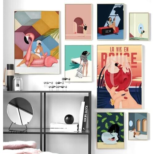 Bikini Girl Abstract Wine Glass Cat Vintage Wall Art Canvas Painting Nordic Poster and Prints Pictures for Living Room Decor