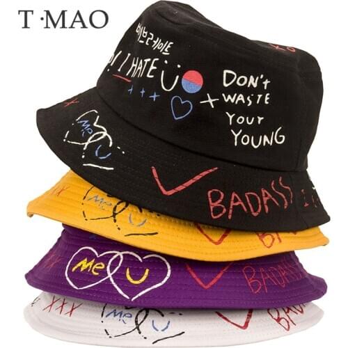 Women Bucket Hat Fisherman Hat Cotton Graffiti Crayons Cotton Cute Double-Sided Use Kpop Print Fashion Mens Caps Sun Hat