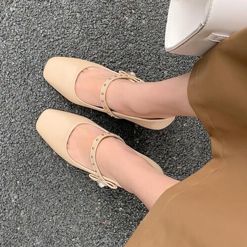 Simple Bowknot Pearl Casual Thick Heel High Heels Square Toe Apricot Rivet Shallow Mouth Womens Shoes Spring 2021