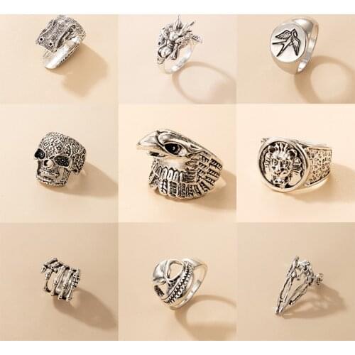 Docona Vintage Ancient Silver Color Rings for Women Men Punk Animal Crocodile Lion Skull Single Ring Halloween Jewelry кольца