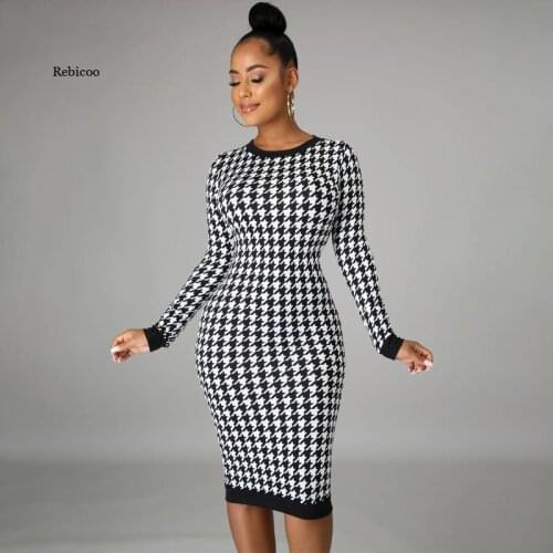 Plaid Tight Womens Summer Dress 3D Print Round Neck Hollow Out Sticky Houndstooth Print Dresses Sexy Halter Slim Bodycon Dress