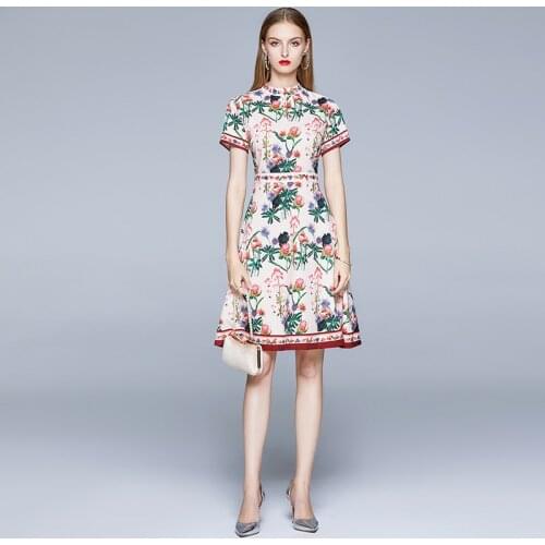 New Arrival 2020 Summer Women Short Sleeve Slim A-Line Dress High Quality Flowers Print Vintage Dress Elegant Party Dress