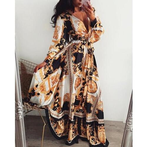 2020 Fashion Women Boho Style Long Sexy Deep V-neck Beach Summer Printed Floral Maxi Vintage Ladies Full Sleeve Dresses Sundress