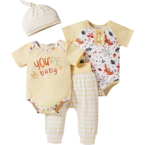 Baby Clothing 4Pcs Fall Outfits Short Sleeve Letter/Cartoon Print Rompers Pants Top Knot Hat Child Girl Set