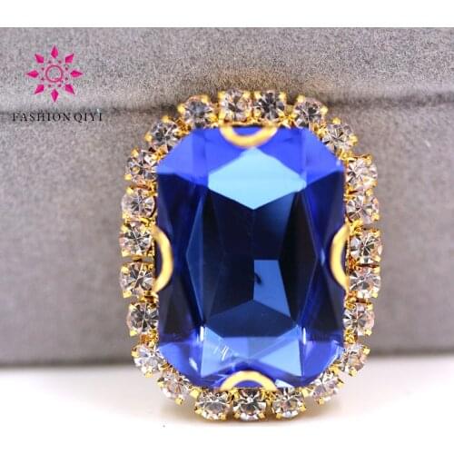 Free shipping Gold base Rectangular octagonal shape Light Blue sew on rhinestones glass Crystal button DIY clothing accessories