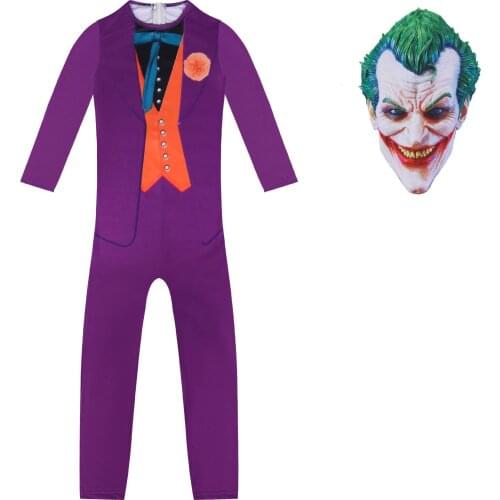 Kids Heath Ledger Cosplay Suit Halloween Costume Mens Movie The Dark Knight Carnival Party Joker Purple Jumpsuit Mask Full Sets