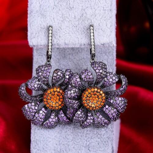GODKI Trendy Purple Flowers Drop Earring For Women Wedding Cubic Zirconia Dubai Bridal Earrings Costume Jewelry Summer Party