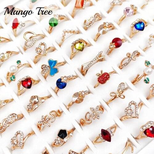 50Pcs/Lot Trendy Rhinestone Gold Rings For Women Luxury Pearl Engagement Wedding Jewelry Multi-colored Finger Ring