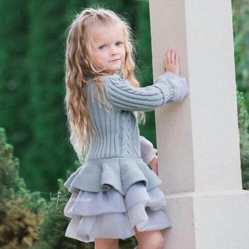 2018 Baby Girls Organza Sweater Knit Dress Children Spring and Autumn Fake two-piece Long-sleeved Ball Gown Princess Dress 3-8Y