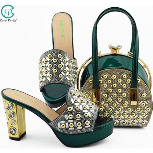High Quality Italian Design Slipper Ladies Shoes and Matching Bags D.Green Color Women Shoes and Bag Sets for Party