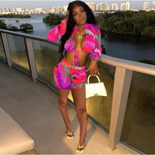 TNNAOFF Tie Dye Two Piece Set for Women Summer Vacation Outfits Flare Sleeve Hollow Bandage Tops Sexy Biker Shorts Matching Sets